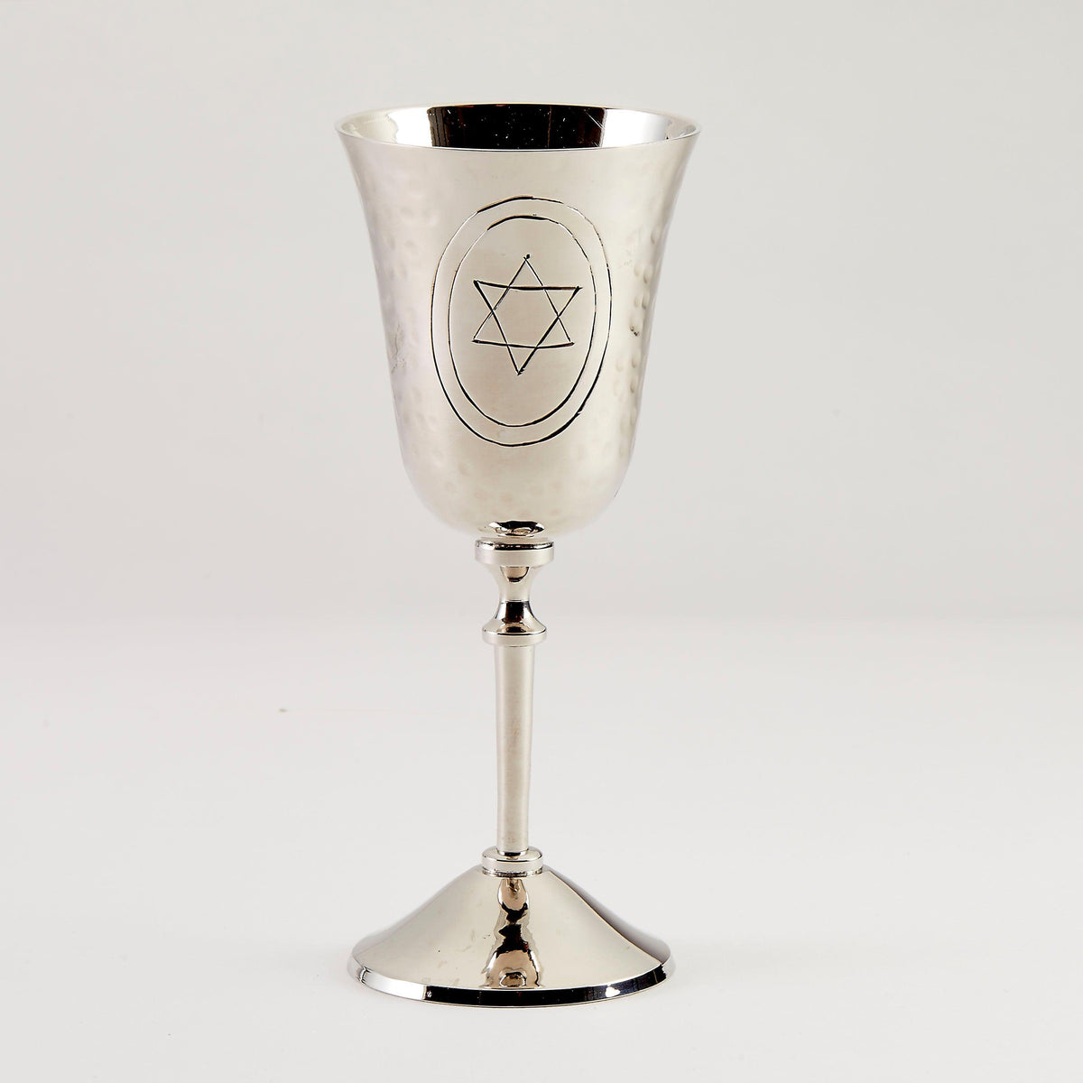 KIDDUSH CUP, HAMMERED, STAR OF DAVID,NICKELPLATED BRASS,6"H,BOX