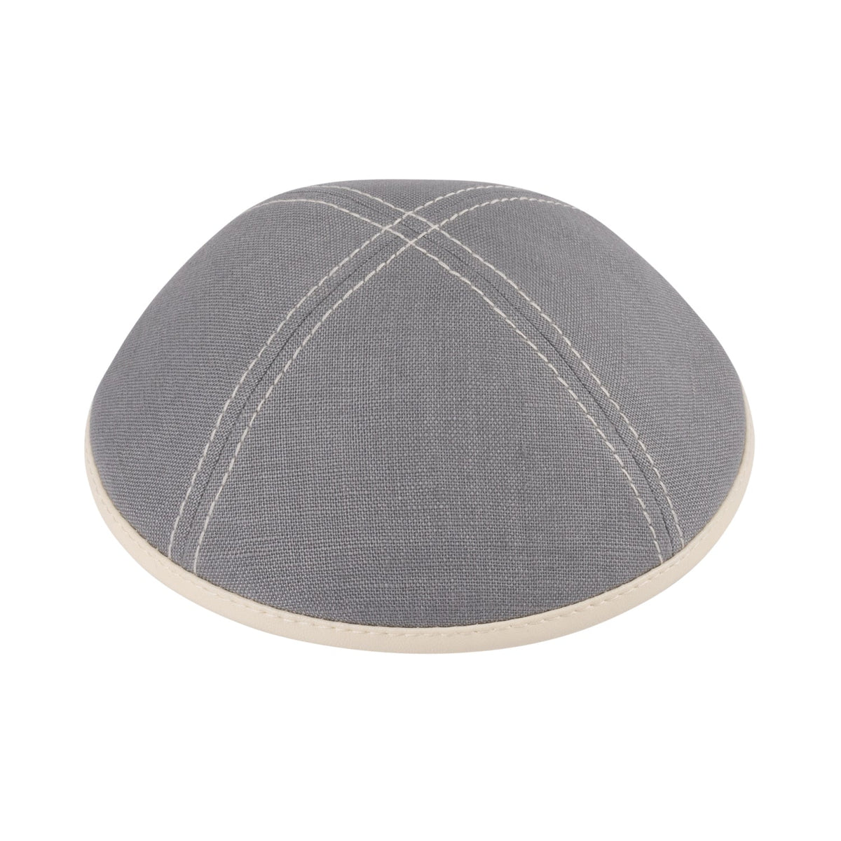 IKIPPAH GRAY LINEN W/ STITCHING & LEATHER RIM YARMULKE