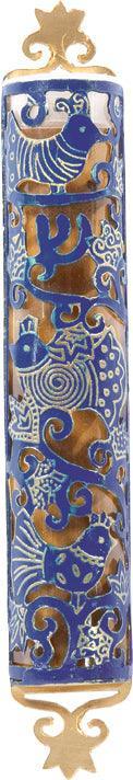Laser Cut Hand Painted Mezuzah Large Birds Blue (EM-MZC2B)