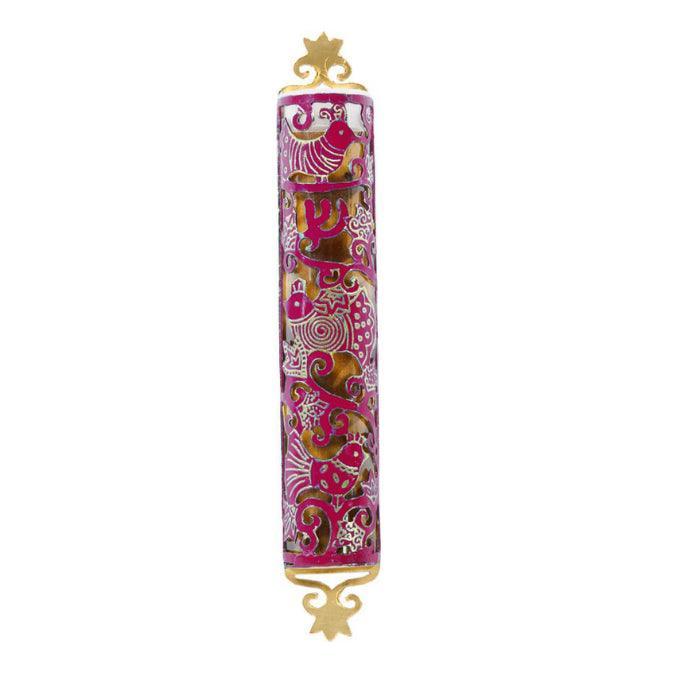Laser Cut Hand Painted Mezuzah Large Birds Maroon (EM-MZC2M)
