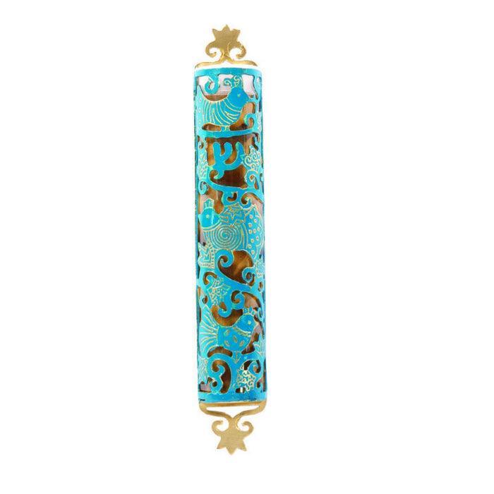 Laser Cut Hand Painted Mezuzah Large Birds Turquoise (EM-MZC2T)