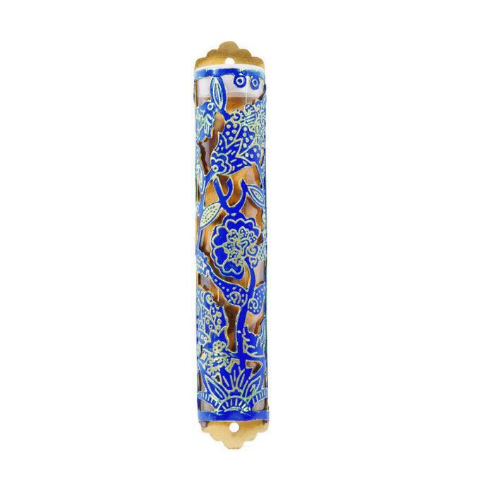 Laser Cut Hand Painted Mezuzah Large Flowers Blue (EM-MZC3B)