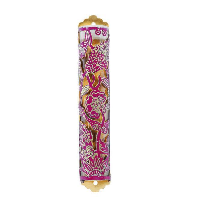 Laser Cut Hand Painted Mezuzah Large Flowers Maroon (EM-MZC3M)