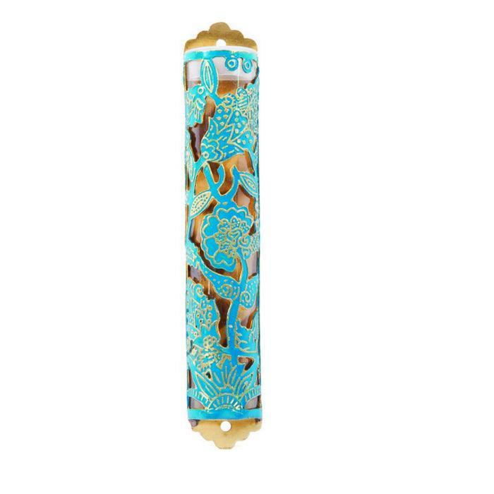 Laser Cut Hand Painted Mezuzah Large Flowers Turquoise (EM-MZC3T)