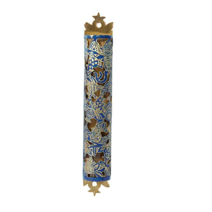 Laser Cut Hand Painted Mezuzah Large Pomegranates Blue (EM-MZC1B)