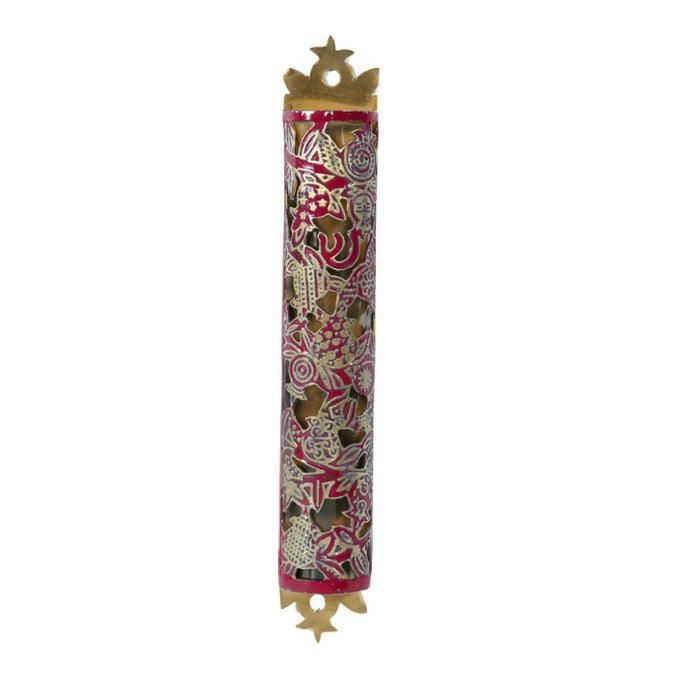 Laser Cut Hand Painted Mezuzah Large Pomegranates Maroon (EM-MZC1M)