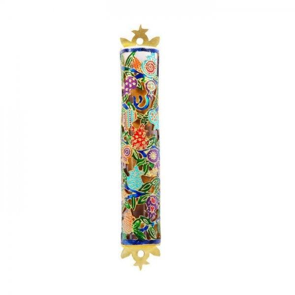 Laser Cut Hand Painted Mezuzah Large Pomegranates Multicolor (EM-MZC1MC)