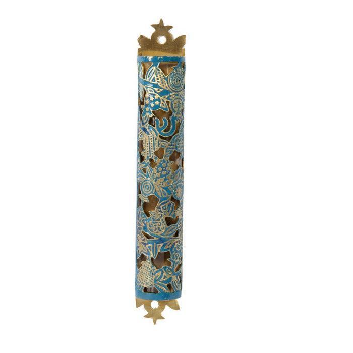 Laser Cut Hand Painted Mezuzah Large Pomegranates Turquoise (EM-MZC1T)