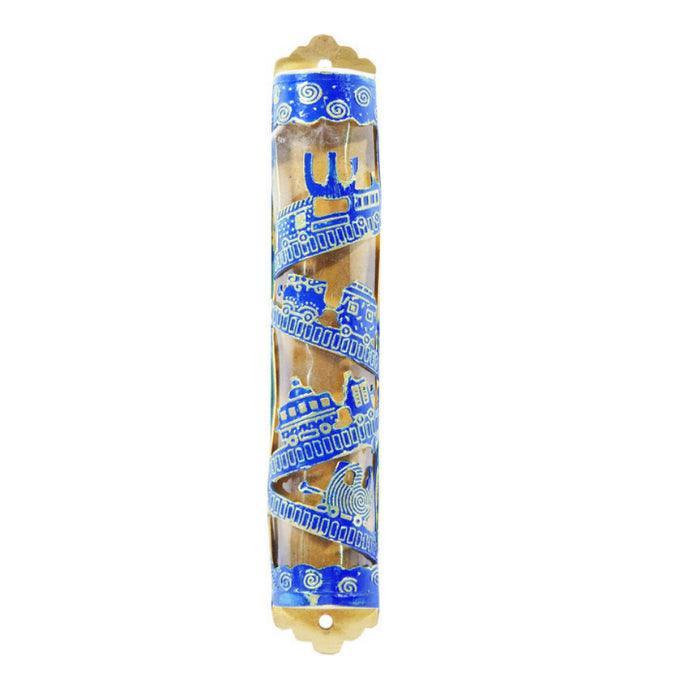 Laser Cut Hand Painted Mezuzah Large Train Blue (EM-MZC4B)
