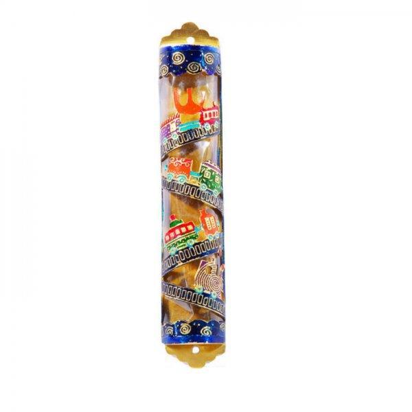 Laser Cut Hand Painted Mezuzah Large Train Multicolor (EM-MZC4MC)