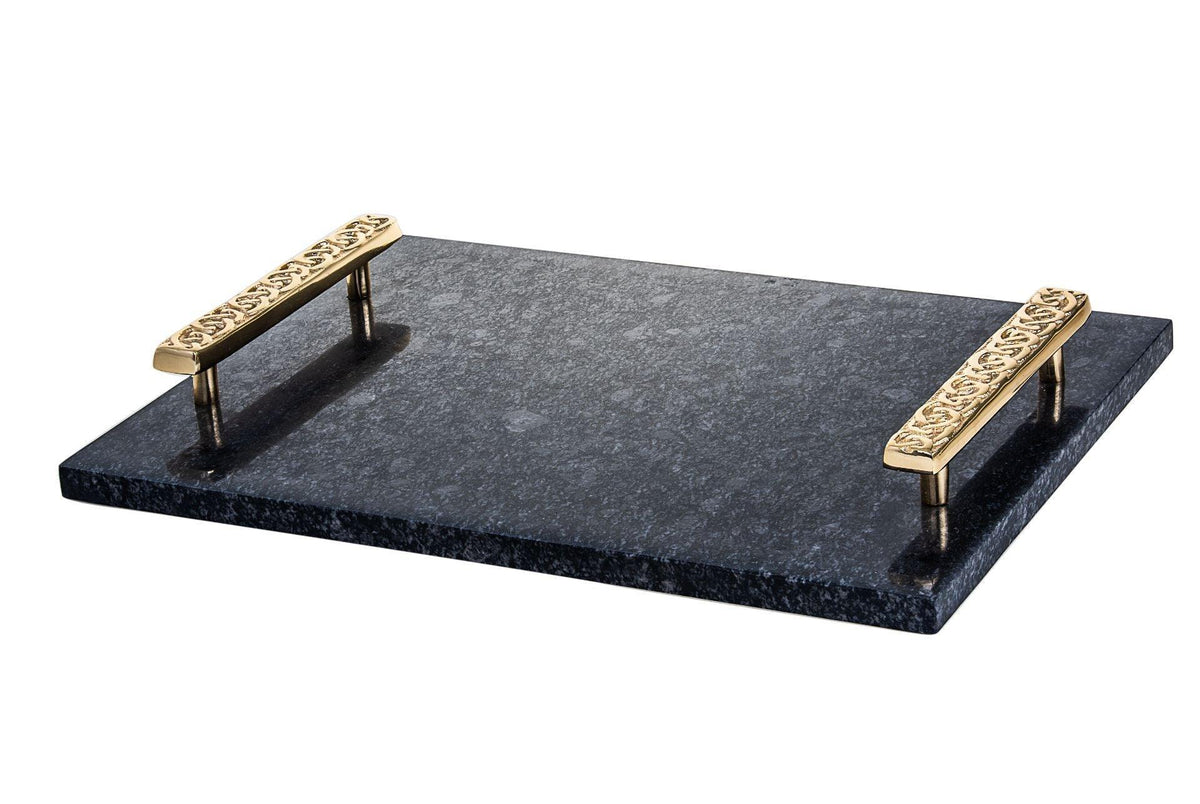 MARBLE CHALLAH BOARD BLACK WITH GOLD HANDLE