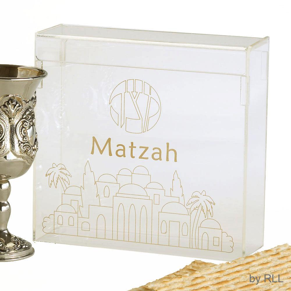 MATZAH BOX, CLEAR ACRYLIC W/ GOLD STAMP, FLIPTOP, 8", COLOR BOX