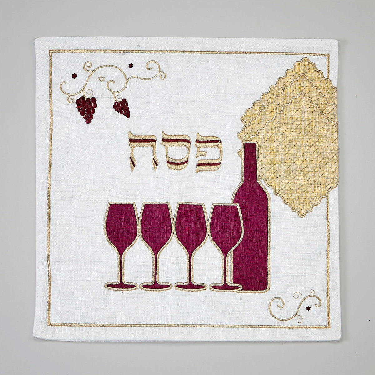 MATZAH COVER,"WINE AND MATZAH",EMBROIDERED POLY,13" SQUARE, BAG