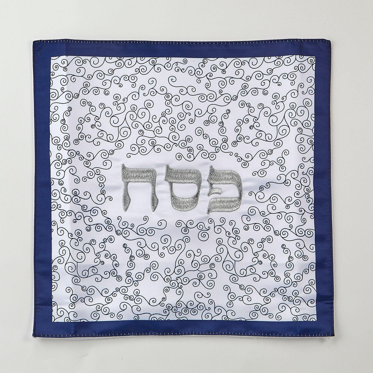 MATZAH COVER,WHITE CURLICUES&SILVER,EMBROIDRD SATIN,13"SQUARE,BAG