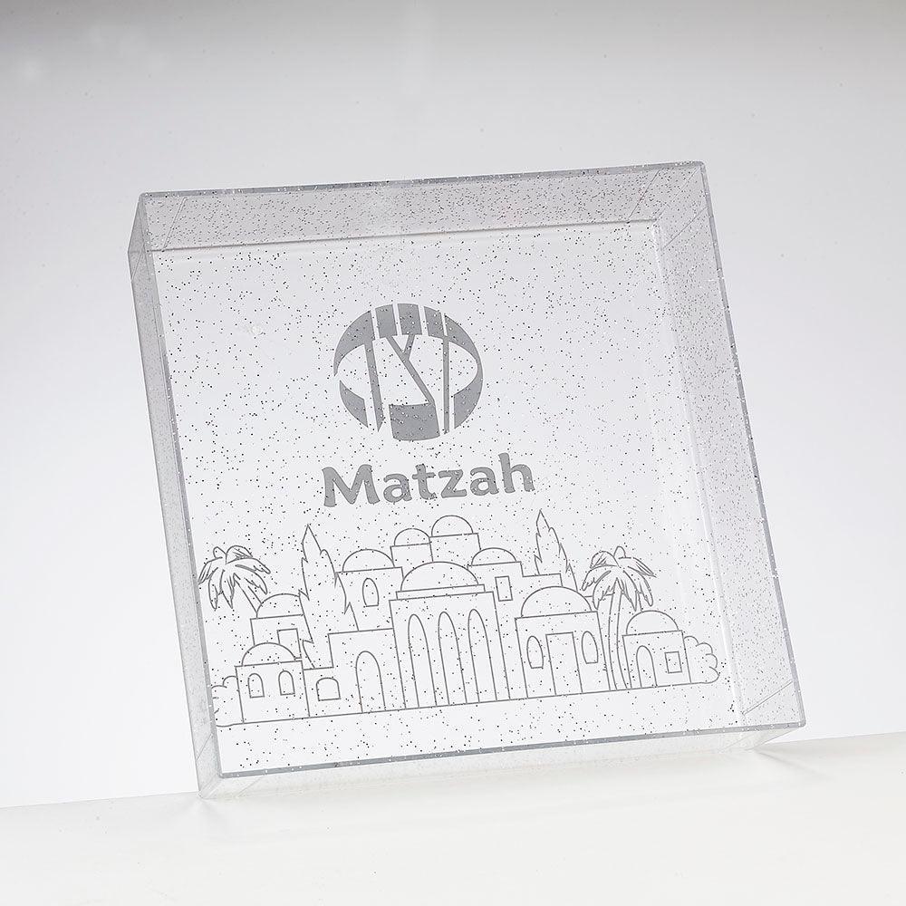 MATZAH TRAY, CLEAR PS WITH GLITTER, 8" SQUARE, LABEL