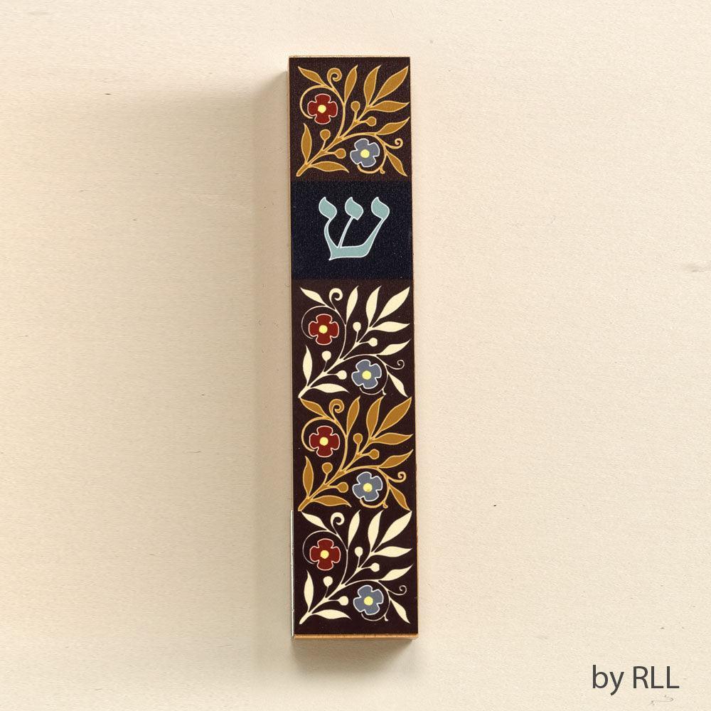MEZUZAH,  DORIT,ALUMINUM & LUCITE, DARK FLORAL, 5.5"