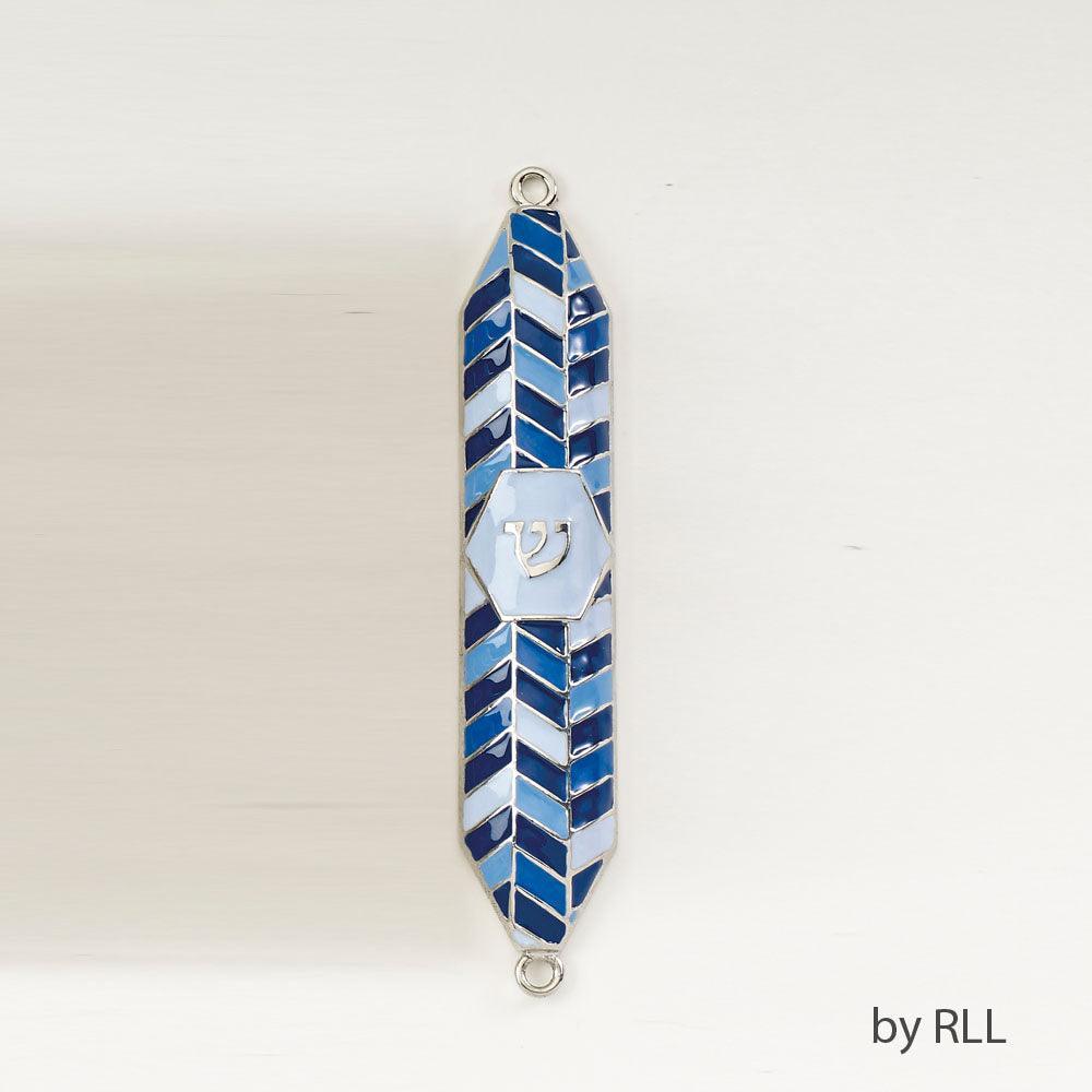 MEZUZAH, ENAMEL, BLUE GEOMETRIC, 5", GIFT BOX