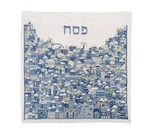 EMANUEL FULL EMBROIDERED MATZAH COVER JERUSALEM--BLUE