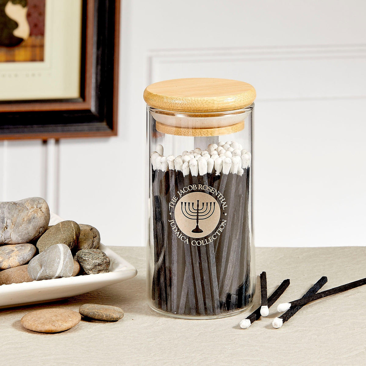 NAVY MATCHES,WHITE TIP,3",75/GLASS CONTAINER W/BAMBOO LID,CLBX