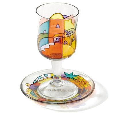 Panorama Jersalem Glass Painted Kiddush Cup and Saucer