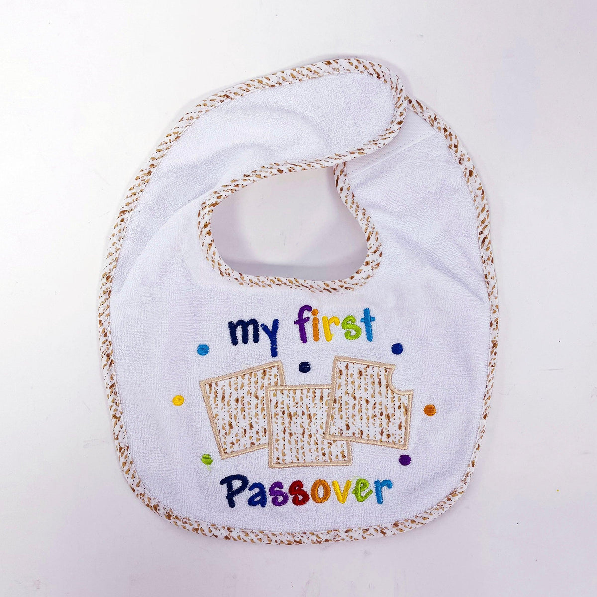 PASSOVER BIB, "MY FIRST PASSOVER",EMBROIDERED COTTON/POLY,CARD
