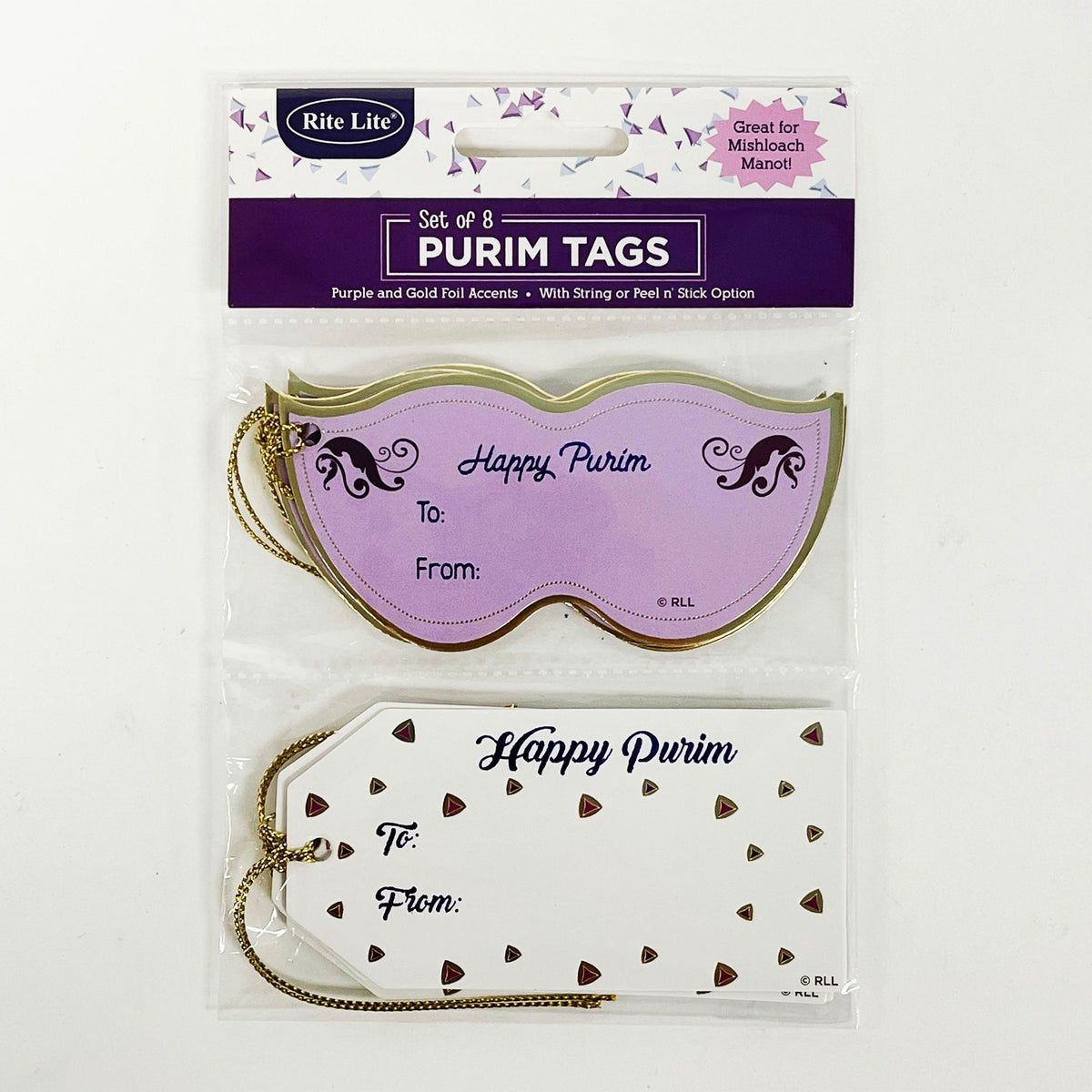 PURIM TAGS, FOIL & HOLOGRPHIC ACCENTS,4"x2",8/PACK,HEADER
