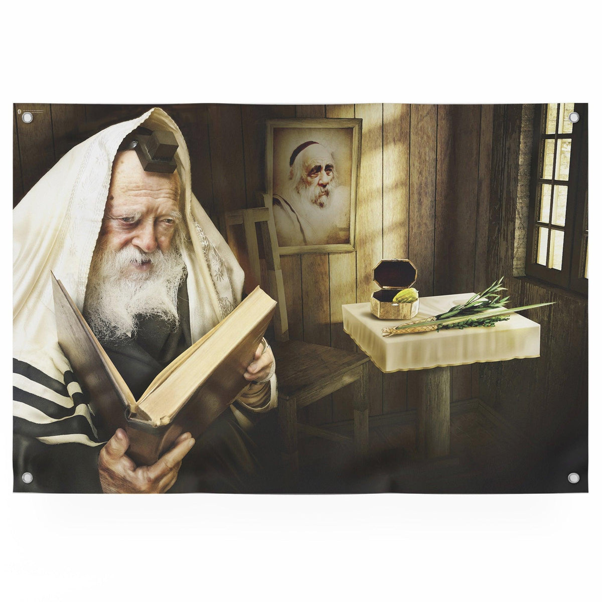 Sukkah Sign of Rabbi Chaim Kaneivsky - Decoration for Sukkot - Rabbi photos - Artistic jewish art for Sukkah tent - Reb Chaim in the sukkah - Ben-Ari Art Gallery