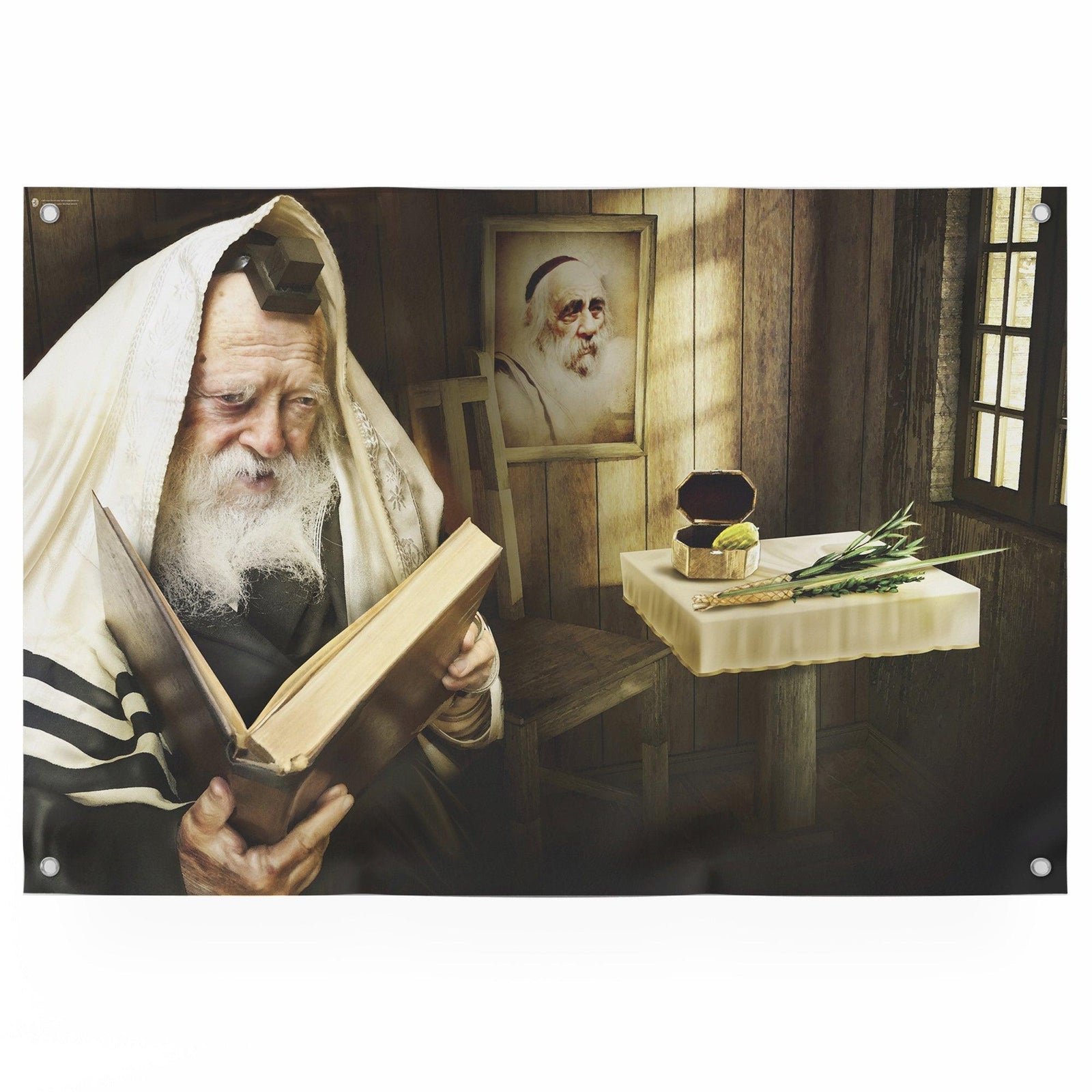 Sukkah Sign of Rabbi Chaim Kaneivsky - Decoration for Sukkot - Rabbi photos - Artistic jewish art for Sukkah tent - Reb Chaim in the sukkah - Ben-Ari Art Gallery