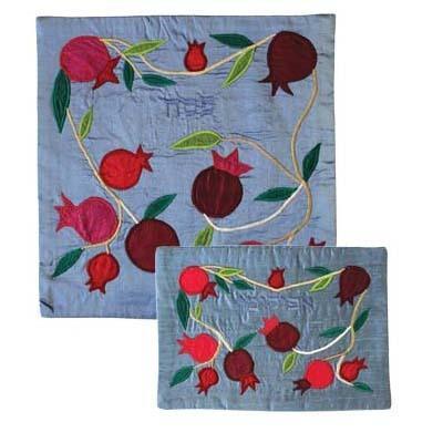 Raw Silk Matzah Cover- Pomegranates Blue (EM-MAS36)