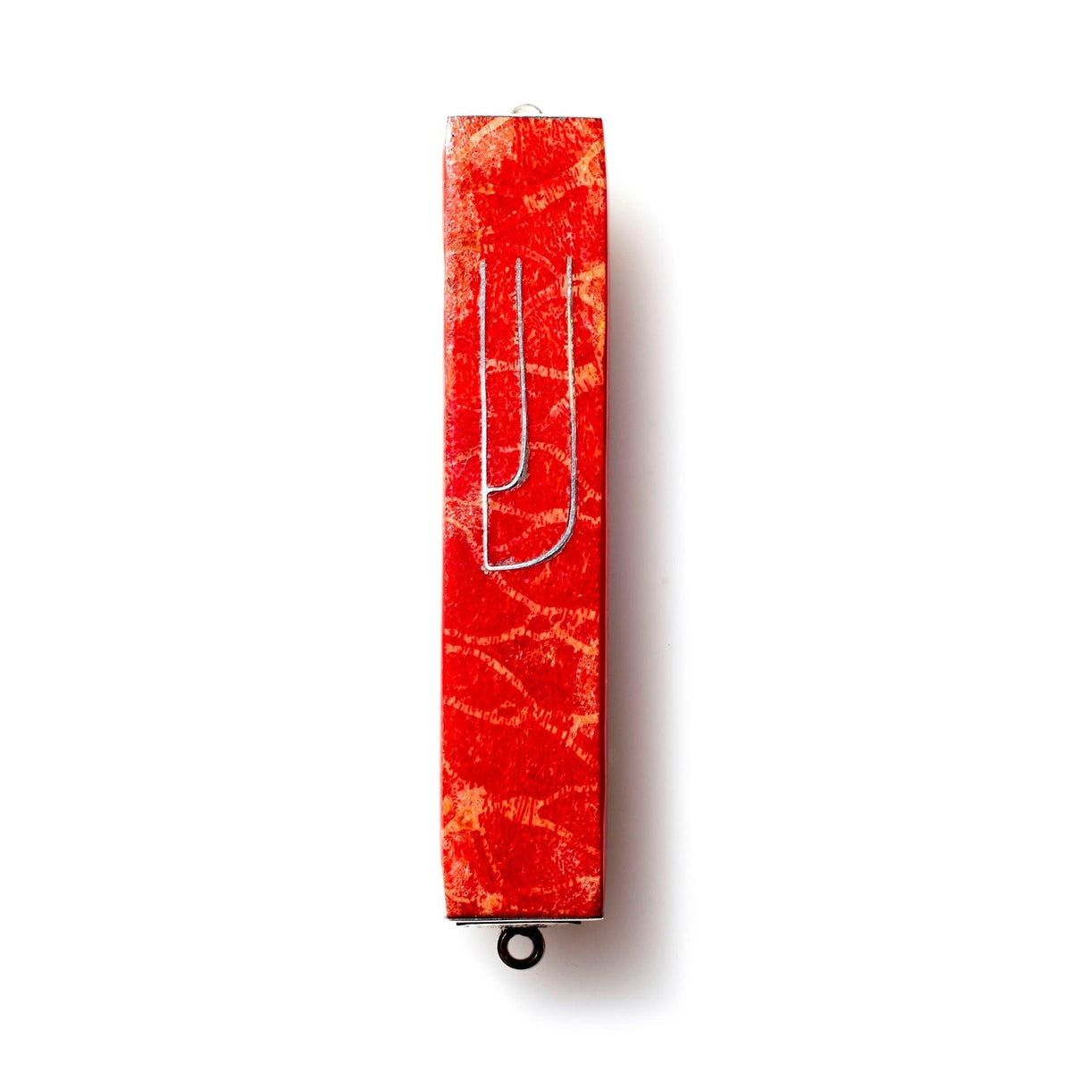 RED CORAL AND STERLING SILVER MEZUZAH CASE