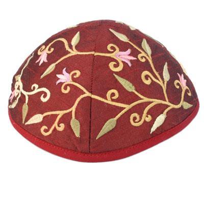 Red Flowers Embroidered Kippah