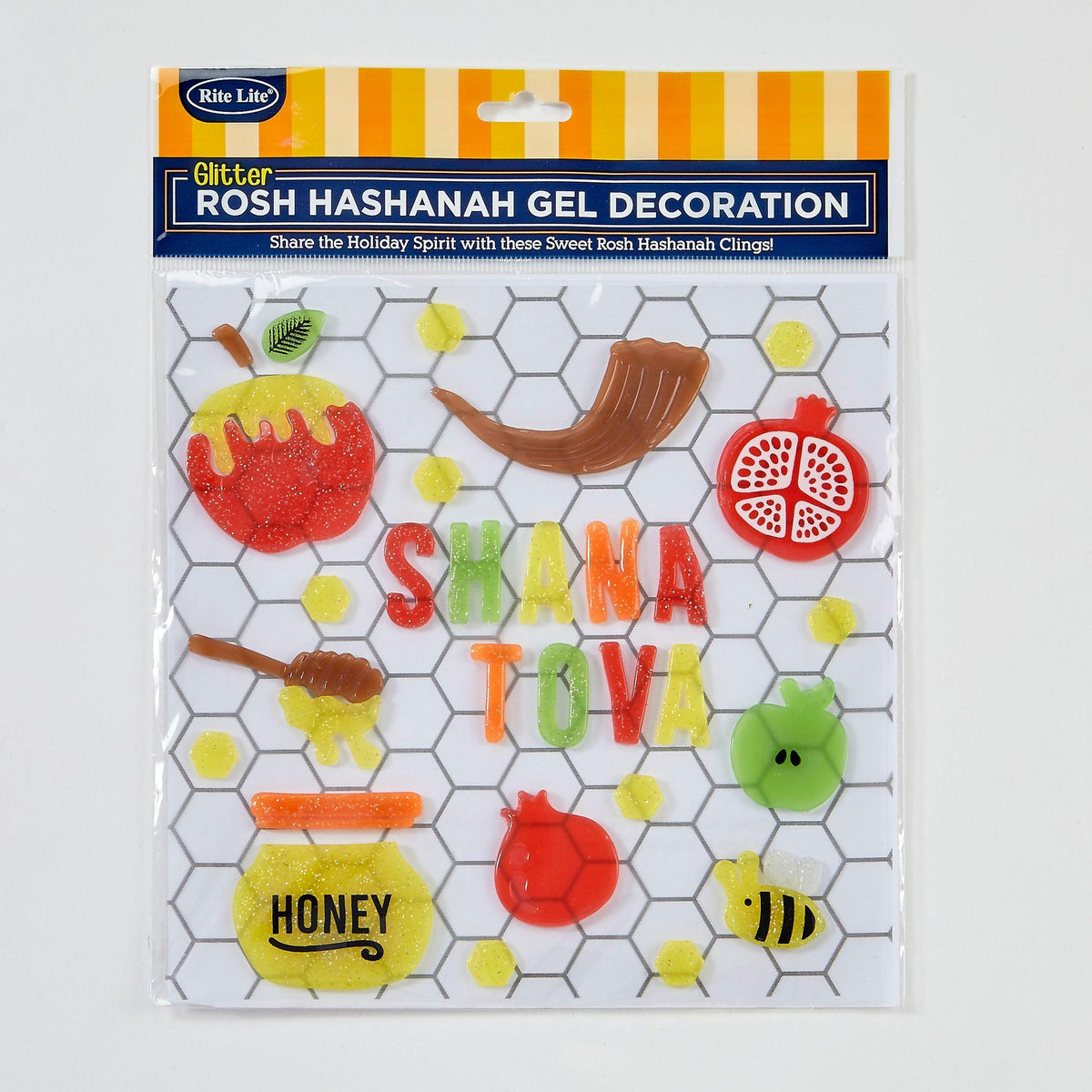 ROSH HASHANAH WINDOW GEL DECO, W/ GLITTER, 8"X10", HEADER