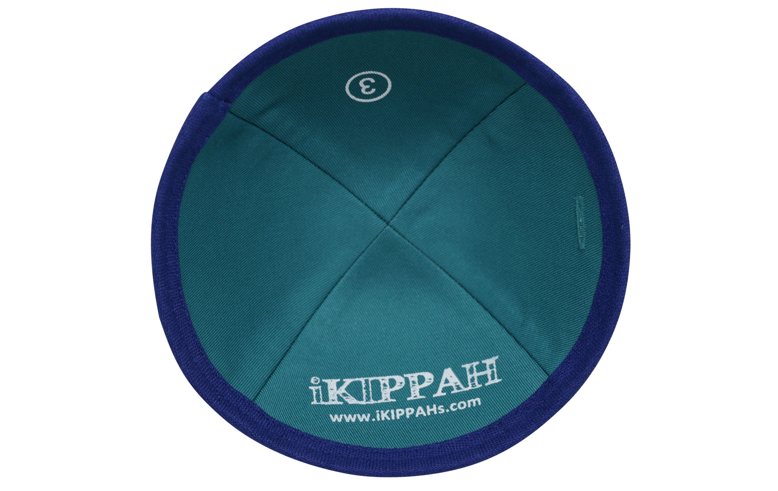 A bright royal blue iKIPPAH brand yarmulke inside view.