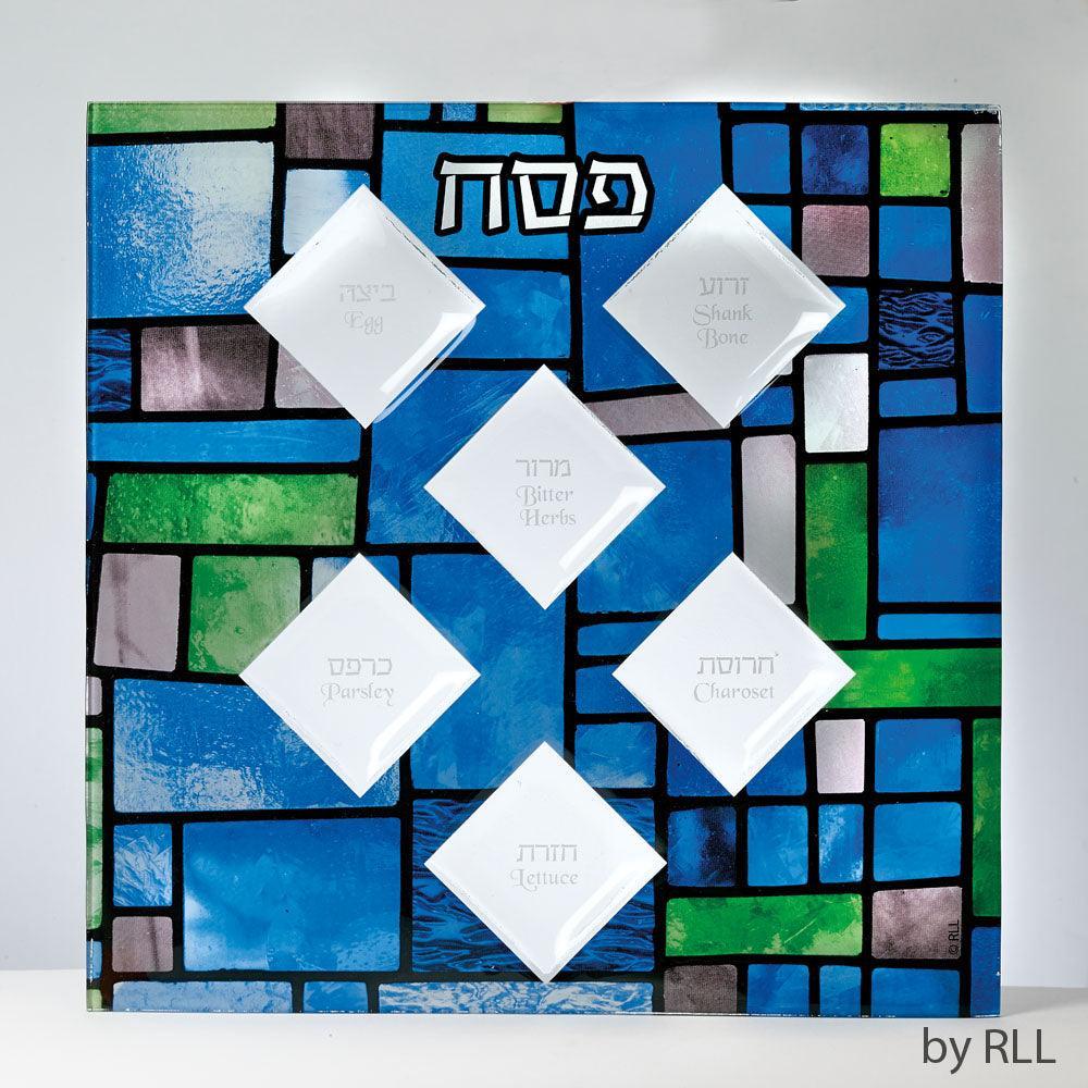 SEDER PLATE, "STAINED GLASS", SQUARE, 13",COLOR BOX