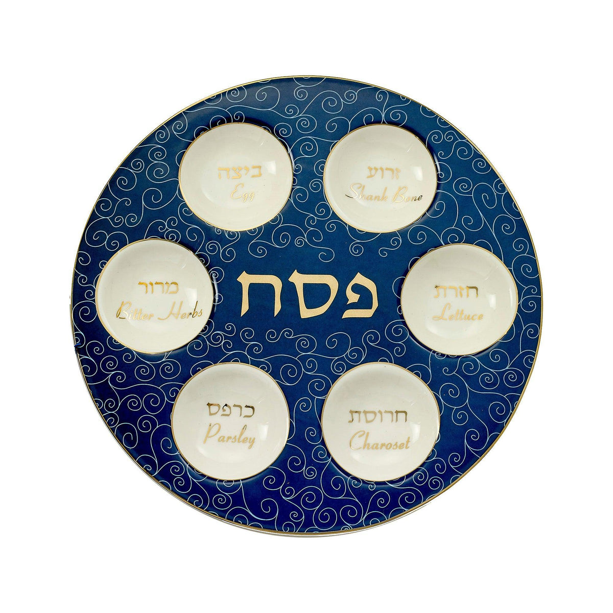 SEDER PLATE,BLUE W/ WHITE CURLICUES,GOLD ACCENTS,CERAMC,12Ã¢â‚¬Â,CLRBX