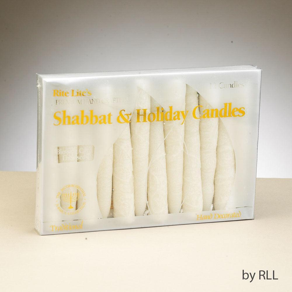 SHABBAT CANDLES, PREMIUM, HANDCRAFTED,WHITE/WHITE, 5",12/GIFT BOX