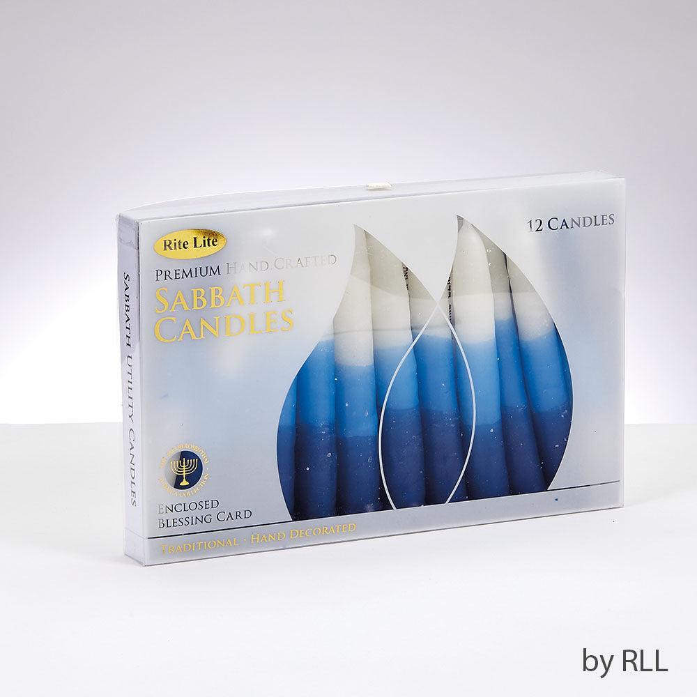 SHABBAT CANDLES,PREM.HAND DIPPED,BLUE/WHIT TRICOLOR,5",12/GIFTBOX