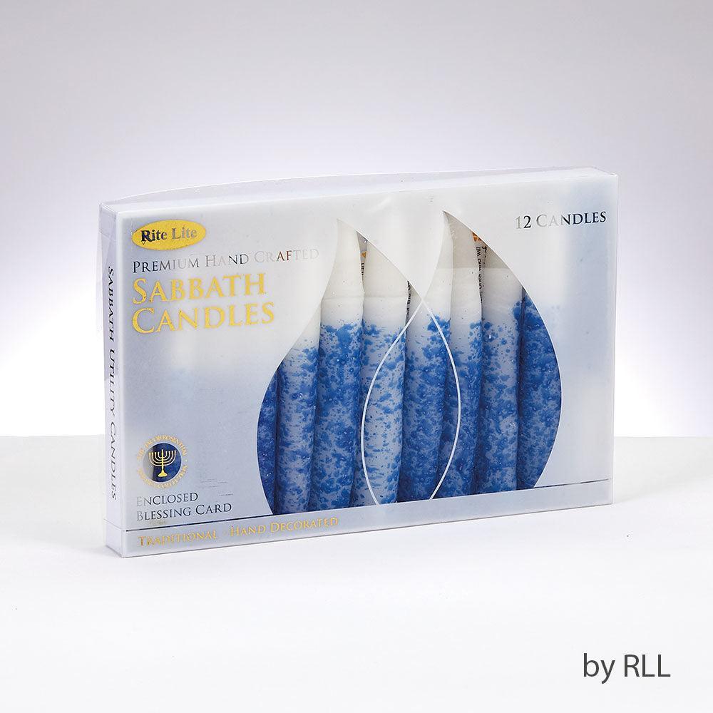 SHABBAT CANDLES,PREM.,HNDCRFTD WHIT W/BLUE ACCENTS,5",12/GIFT BOX