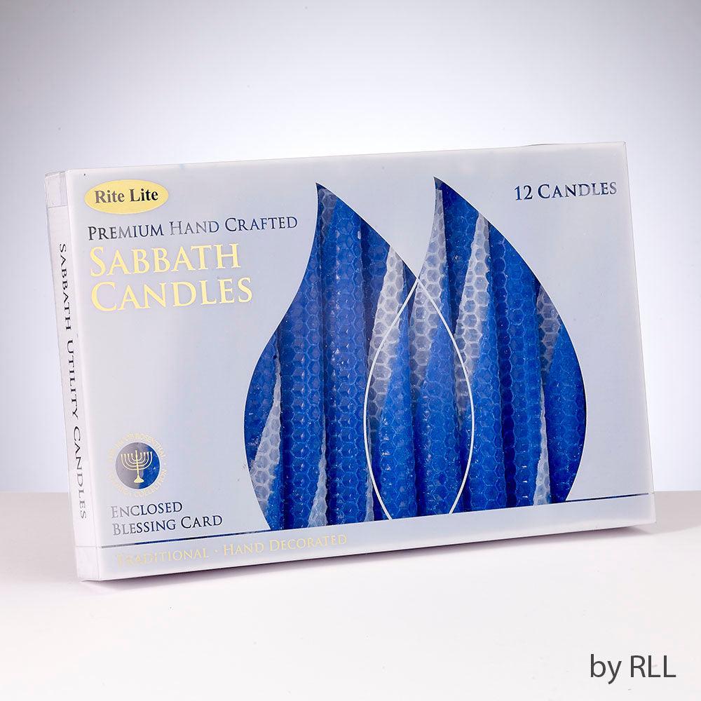SHABBAT CANDLES,PREM,BLUE/WHITE HONEYCOMB BEESWAX,5.5",12/GIFTBOX
