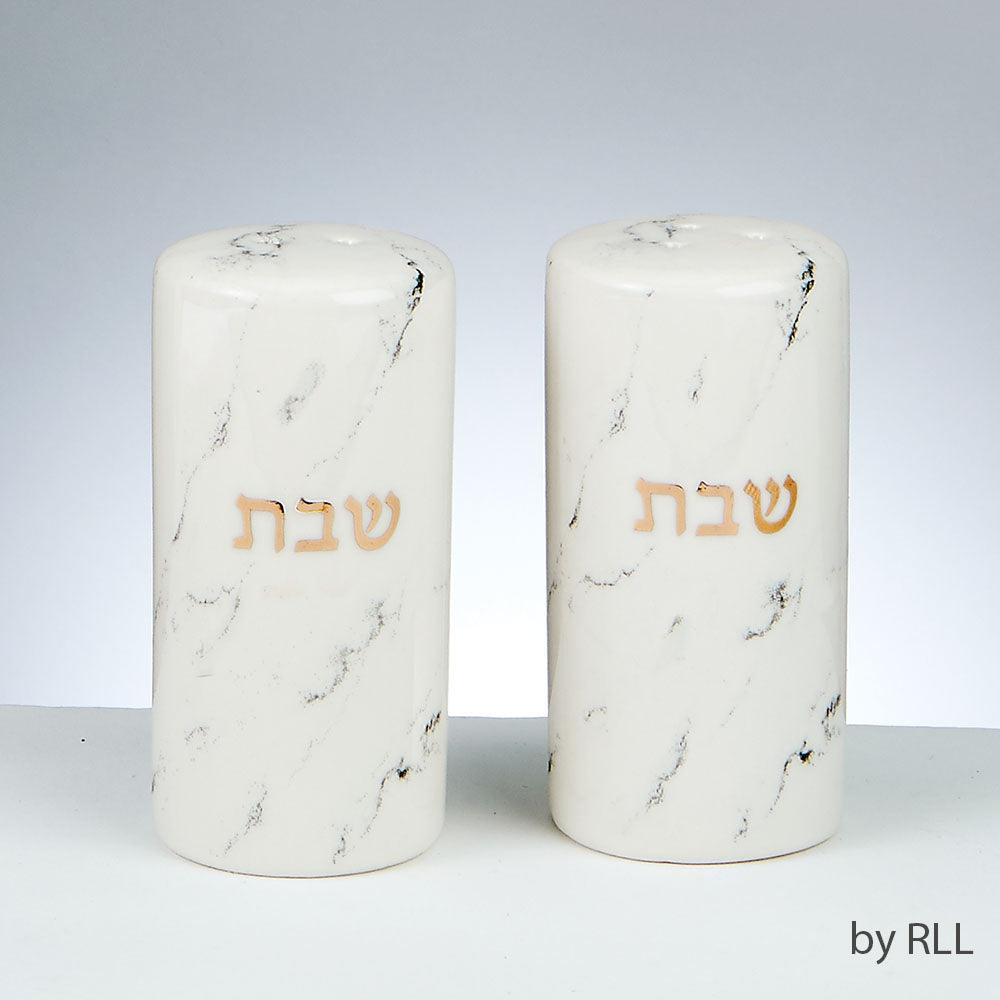 SHABBAT SALT/PEPPER SHAKERS,MARBLE GOLD ACCNT,CERAM,3.25",2/GFTBX
