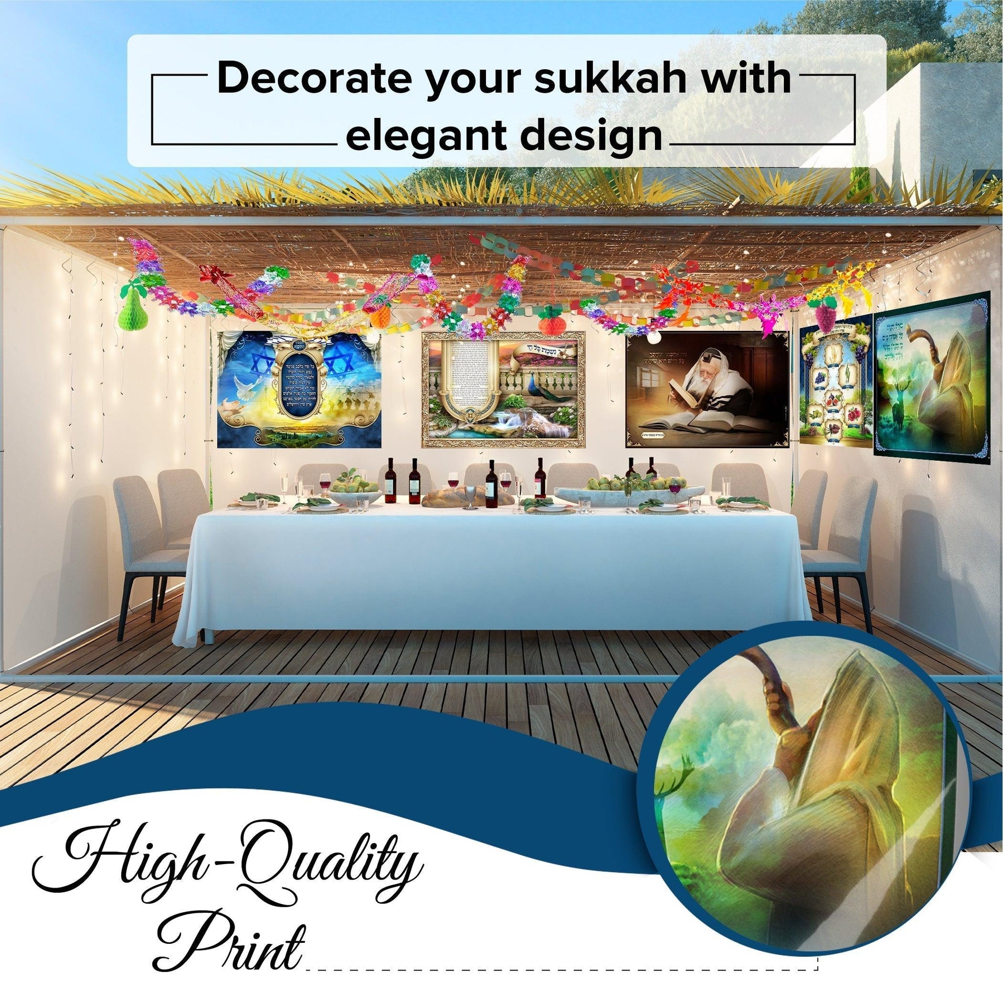 V'samachta, Wall hanging for Sukkah tent - Jewish Artistic Decorations signs for Sukkah - Colorful Jewish party  poster for Sukkot Tent - Ben-Ari Art Gallery