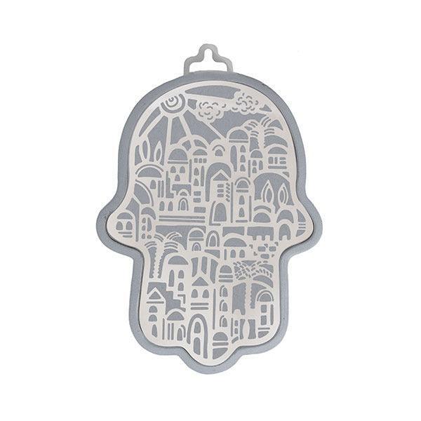 Small Anodized Aluminum Hamsa with Jerusalem Cutout (EM-HLJ4)