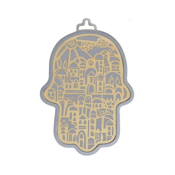 Small Anodized Aluminum Hamsa with Jerusalem Cutout (EM-HLJ4)