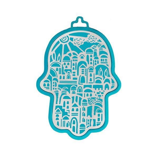 Small Anodized Aluminum Hamsa with Jerusalem Cutout (EM-HLJ4)