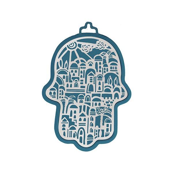 Small Anodized Aluminum Hamsa with Jerusalem Cutout (EM-HLJ4)