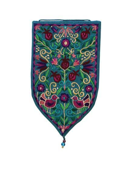 Small Teal Birds and Pomegranates Shield Tapestry