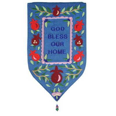 Small Teal God Bless Our Home Shield Tapestry