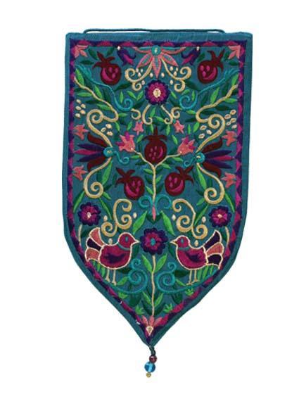 Teal Birds and Pomegranates Large Shield Tapestry