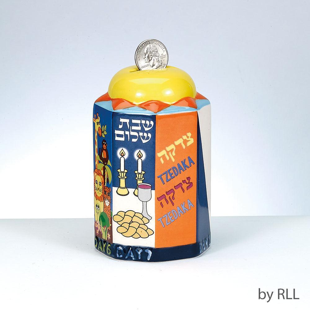 TZEDAKAH BOX, "7 DAYS OF CREATION", CERAMIC, 5"H, COLOR BOX