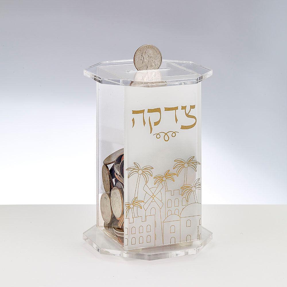 TZEDAKAH BOX, HEXAGON, JERUSALEM DESIGN, ACRYLIC, 5.5", COLOR BOX